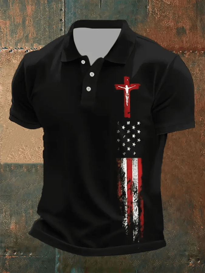 Men's Man Of God Cross America Flag Printed Short Sleeve POLO T-shirt