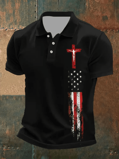 Men's Man Of God Cross America Flag Printed Short Sleeve POLO T-shirt