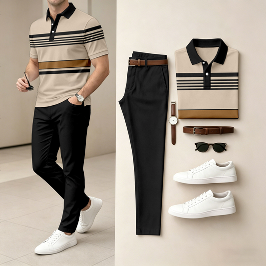 Men's Casual Printed Polo Shirt And Pants Two-Piece Set