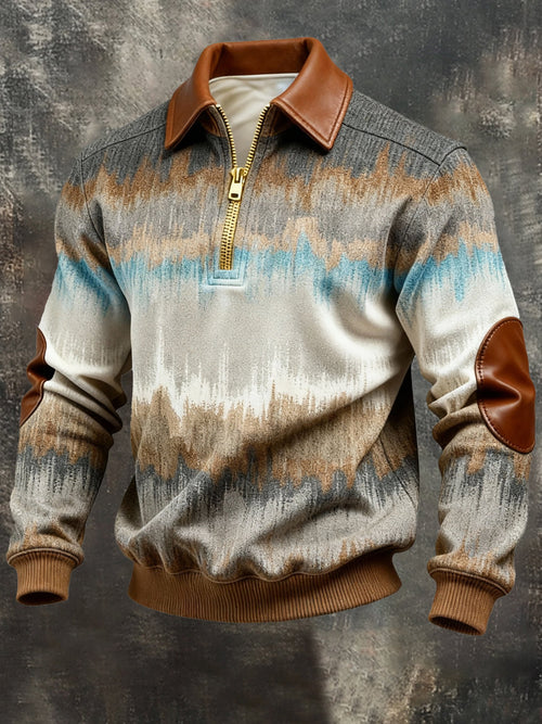 Men's Vintage Color-Block Printed Zip-Up Hoodie