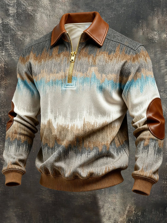 Men's Vintage Color-Block Printed Zip-Up Hoodie