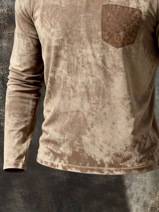 Men's Retro Washed Distressed V-Neck Long-Sleeve Top