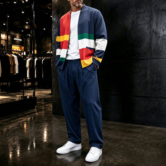 Men's Two-Piece Set: Color-Blocked Cardigan and Pants