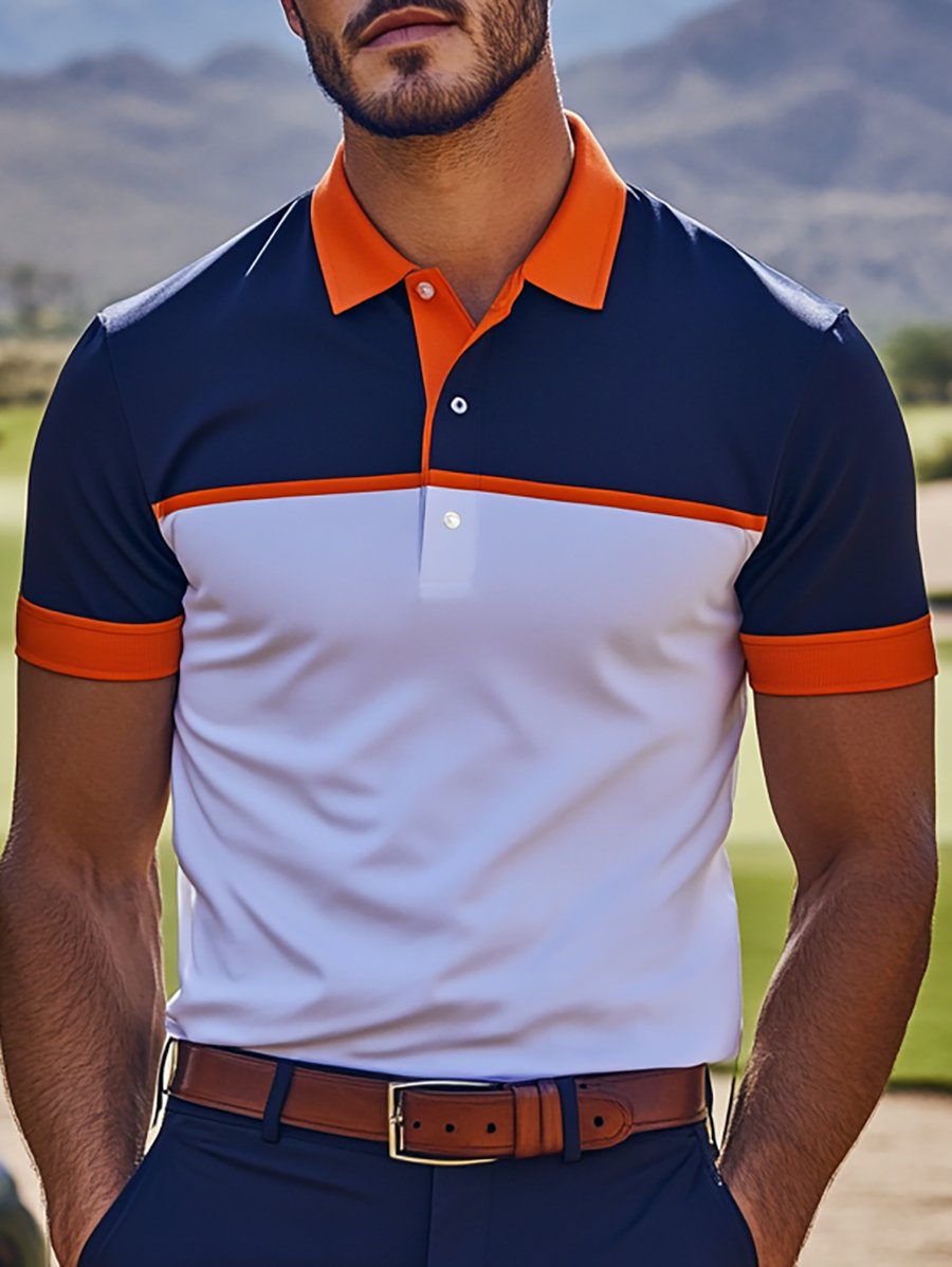 Men's Business Stripe Logo Button-Down Short Sleeve Polo Shirt