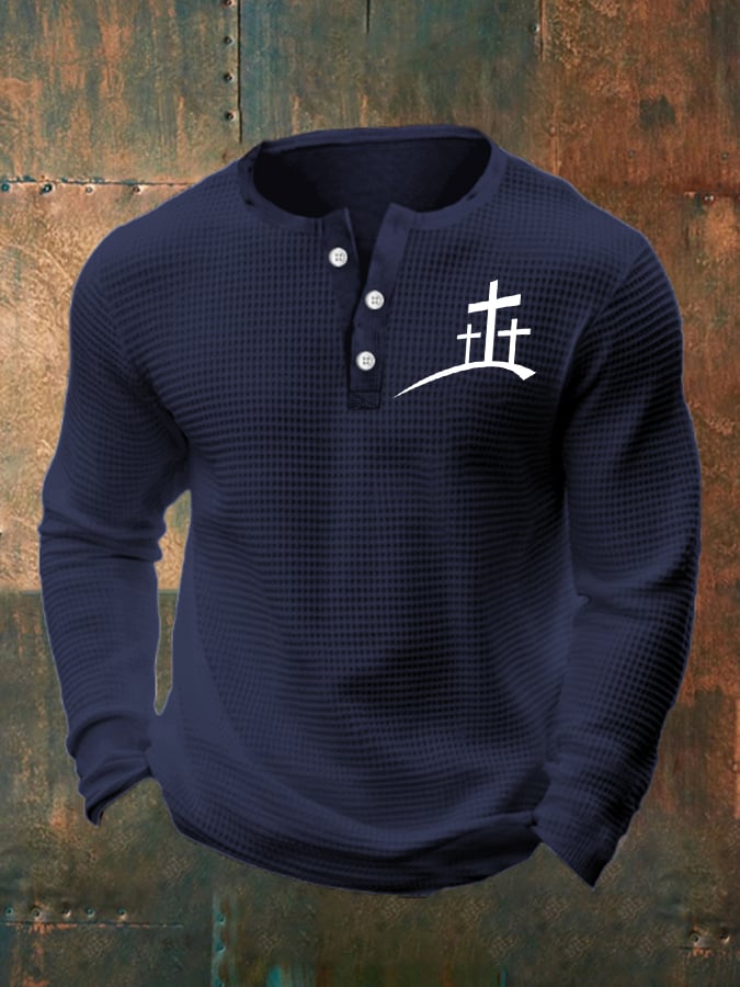 Men's Faith Cross Print Henley Collar Shirt