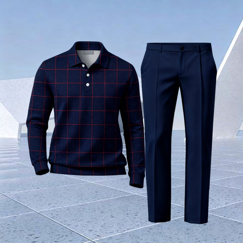 Men's Dark Blue Checkered Polo Shirt and Pants Two-Piece Set