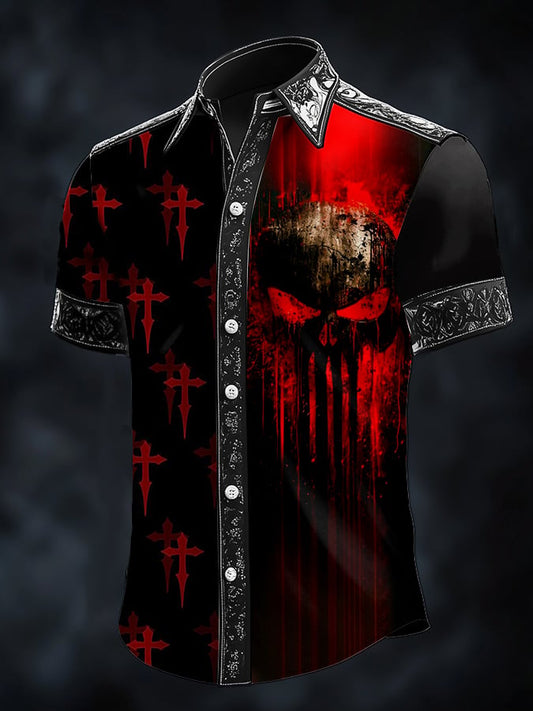 Men's Casual Fashion Dark Pattern Cross Contrast Satin Shirt