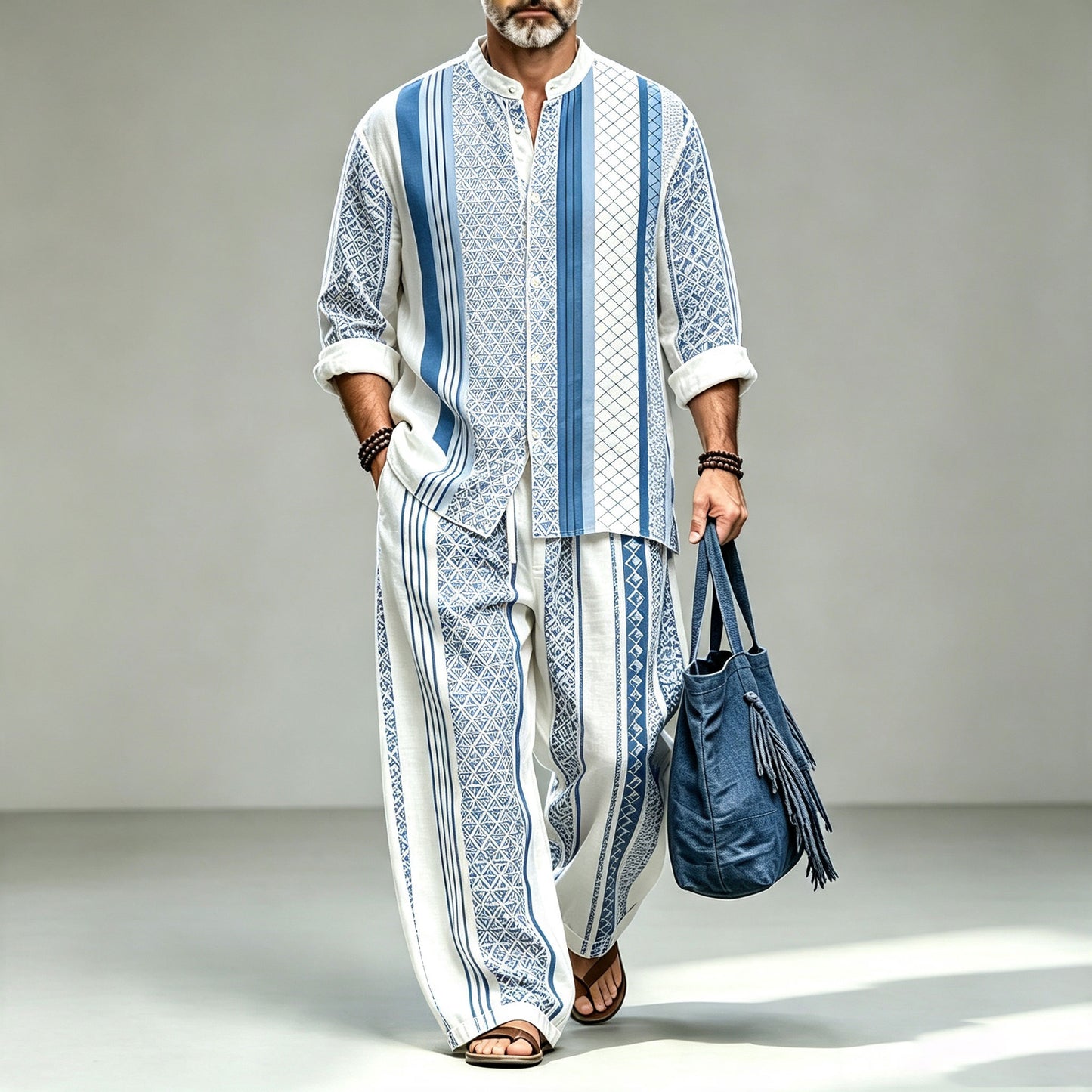 Men's Striped Print Stand-Collar Long-Sleeve Shirt and Pants Set