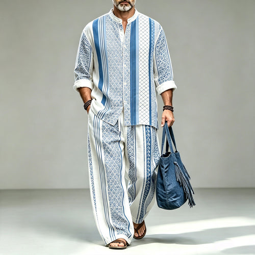 Men's Striped Print Stand-Collar Long-Sleeve Shirt and Pants Set