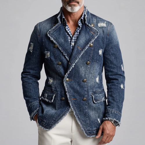 Men's Retro Ripped Frayed Edge Stand Collar Double-Breasted Denim Jacket
