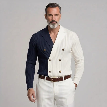 Men's Colorblock Ribbed Knit Double-Breasted Lapel Collar Slim Fit Shirt