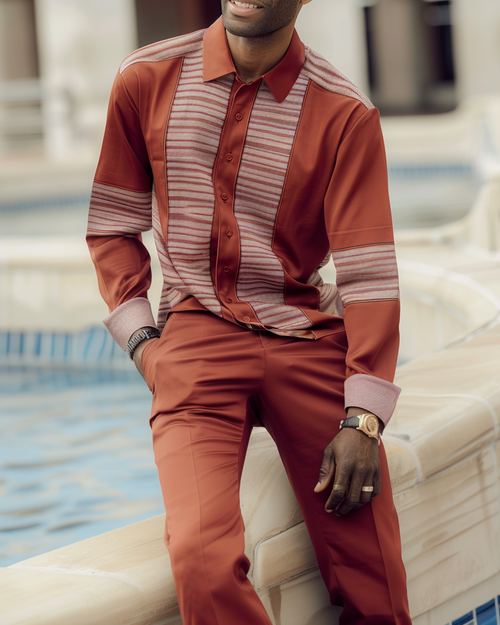 Men's Casual Gentleman Color Block Textured Long Sleeve Walking Suit 001