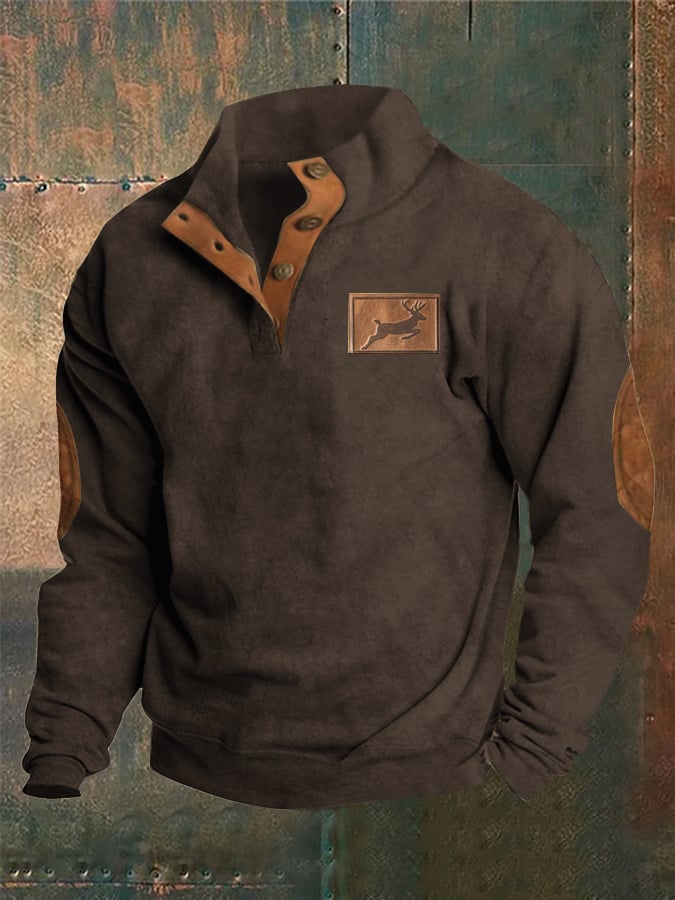 Men's Western Style Printed Stand Collar Button Sweatshirt