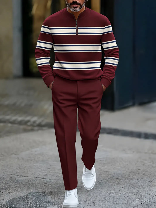 Men's Printed Zipper Polo Shirt and Pants Set