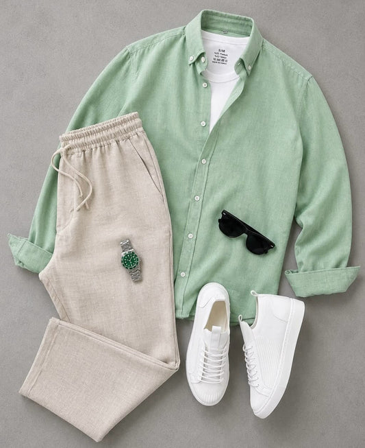 Men's Casual Long-Sleeve Shirt and Trousers Set