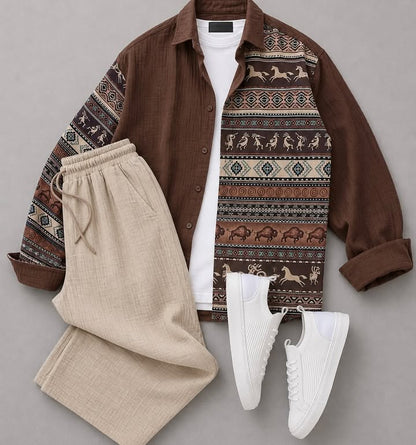 Men's Casual Long-Sleeve Shirt and Trousers Set