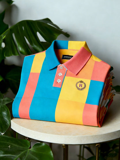 Men's Business Casual Button Short Sleeve Colorblock Plaid Polo Shirt