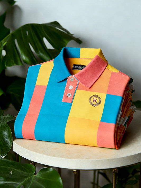 Men's Business Casual Button Short Sleeve Colorblock Plaid Polo Shirt