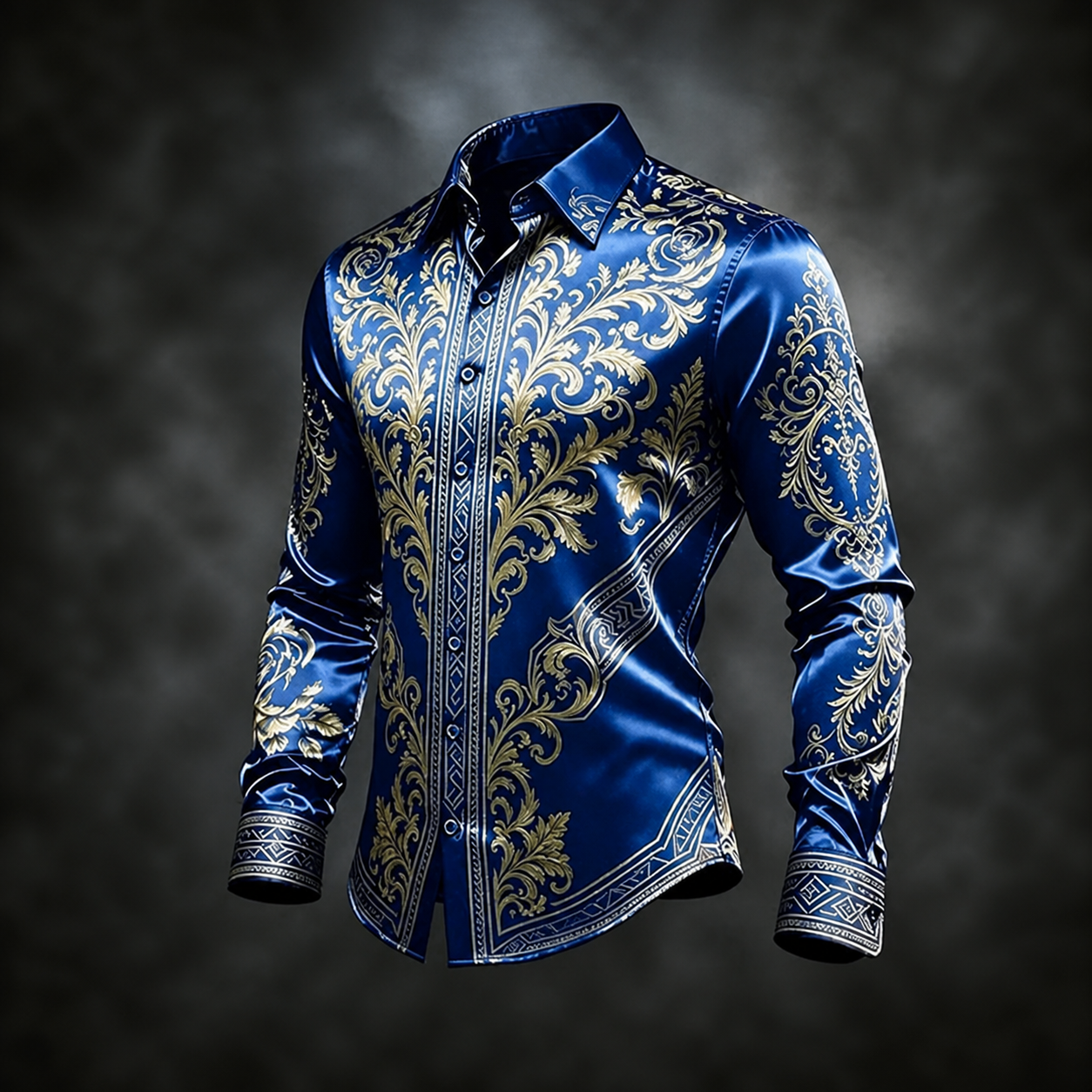 Men's Royal Blue Gold Baroque Scroll Print Long Sleeve Button Down Shirt