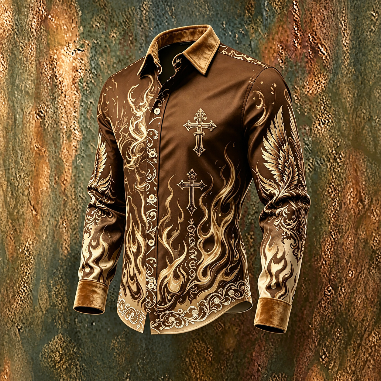 Men's Brown Gold Flame Cross Graphic Long Sleeve Button Down Shirt