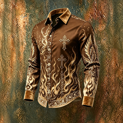 Men's Brown Gold Flame Cross Graphic Long Sleeve Button Down Shirt
