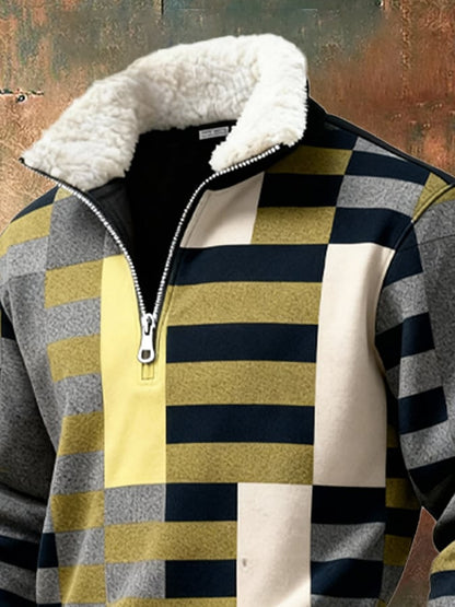 Men's Retro Color Block Print Casual Fur Collar Sweatshirt
