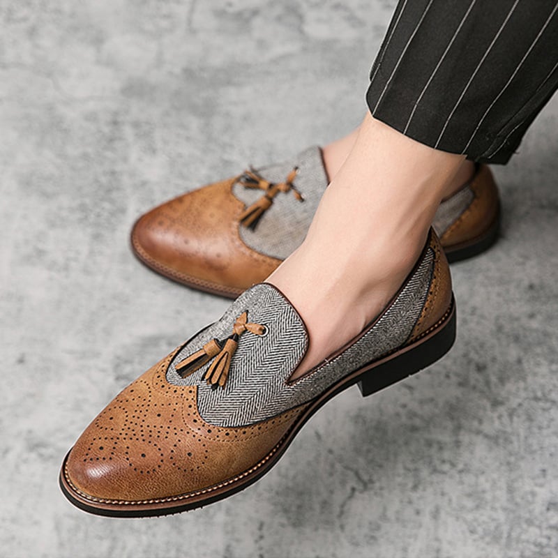 Business Casual Retro Carved Color Block Fringed Leather Shoes