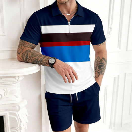 Men's Casual Multicolor Geometry  Color Matching Printed Short Sleeved Zipper Polo Shirt & Shorts Two-Piece Set