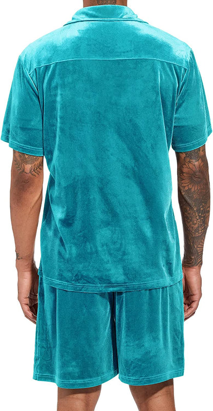 Men's Black Velour Short Sleeve Shirt & Shorts Set