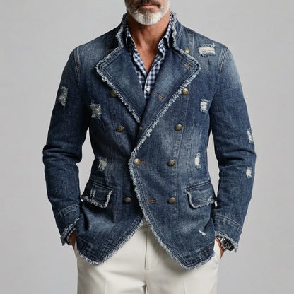 Men's Retro Ripped Frayed Edge Stand Collar Double-Breasted Denim Jacket