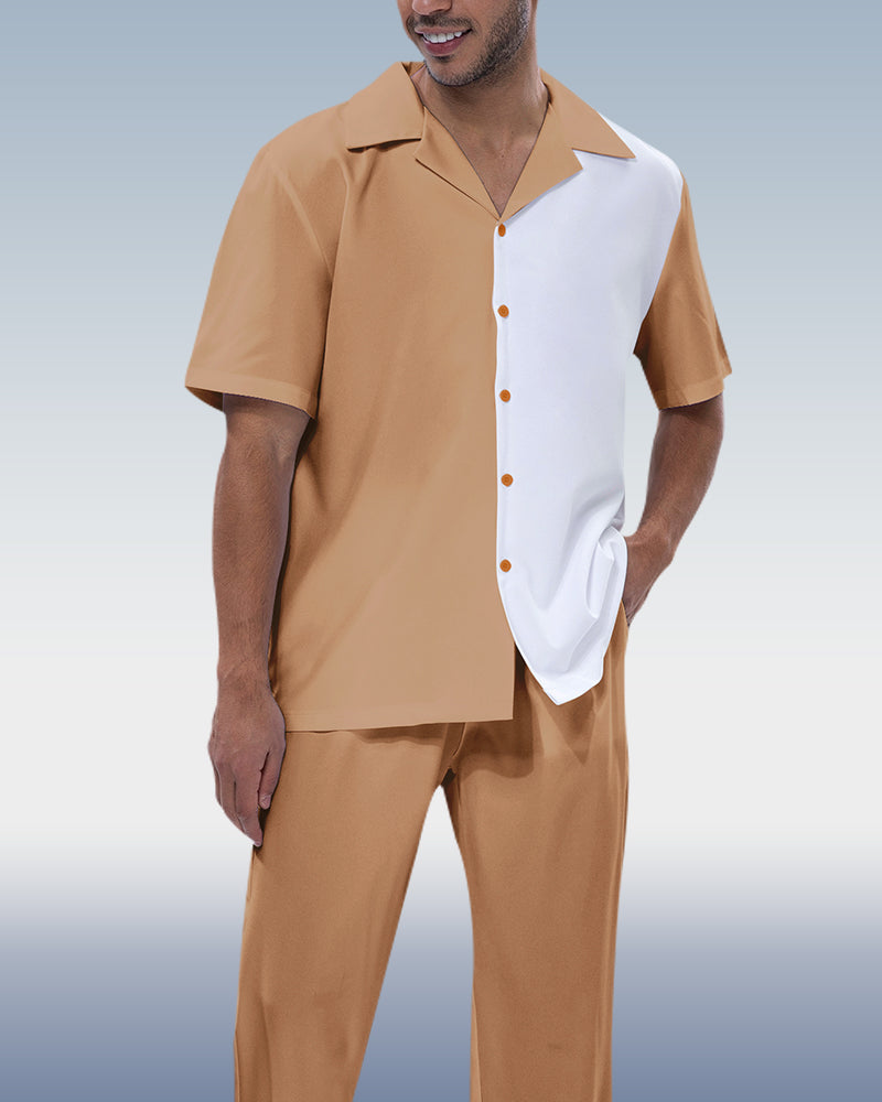 Rianmond Men's Khaki Color Block Short Sleeve Walking Suit
