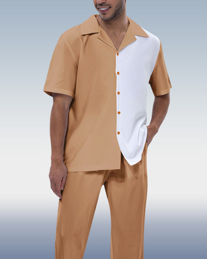 Rianmond Men's Khaki Color Block Short Sleeve Walking Suit