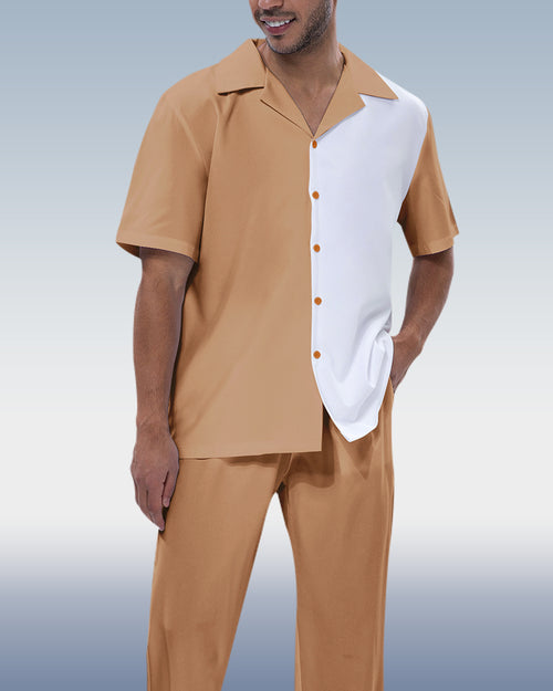 Rianmond Men's Khaki Color Block Short Sleeve Walking Suit