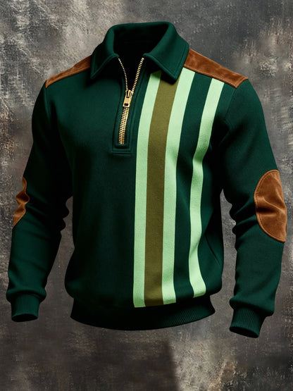 Men's Retro Color Block Print Color-Blocked Zip-Up Sweatshirt