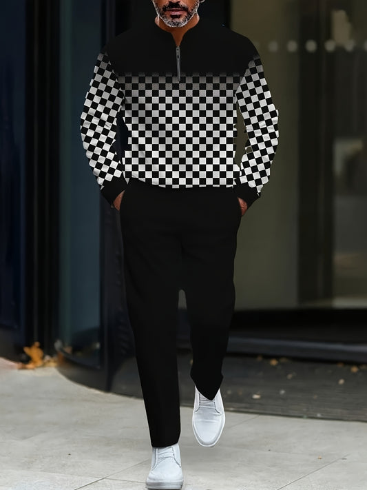 Men's Casual Black White Checked Printed Round-Neck Zipper Long Sleeved Trousers Two-Piece Set
