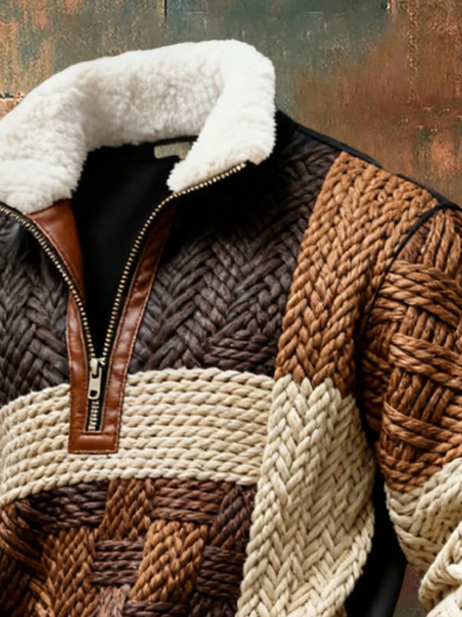 Men's Retro Color Block Print Casual Fur Collar Long Sleeve Sweatshirt