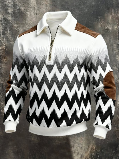 Men's Retro Color Block Print Zipper Sweatshirt