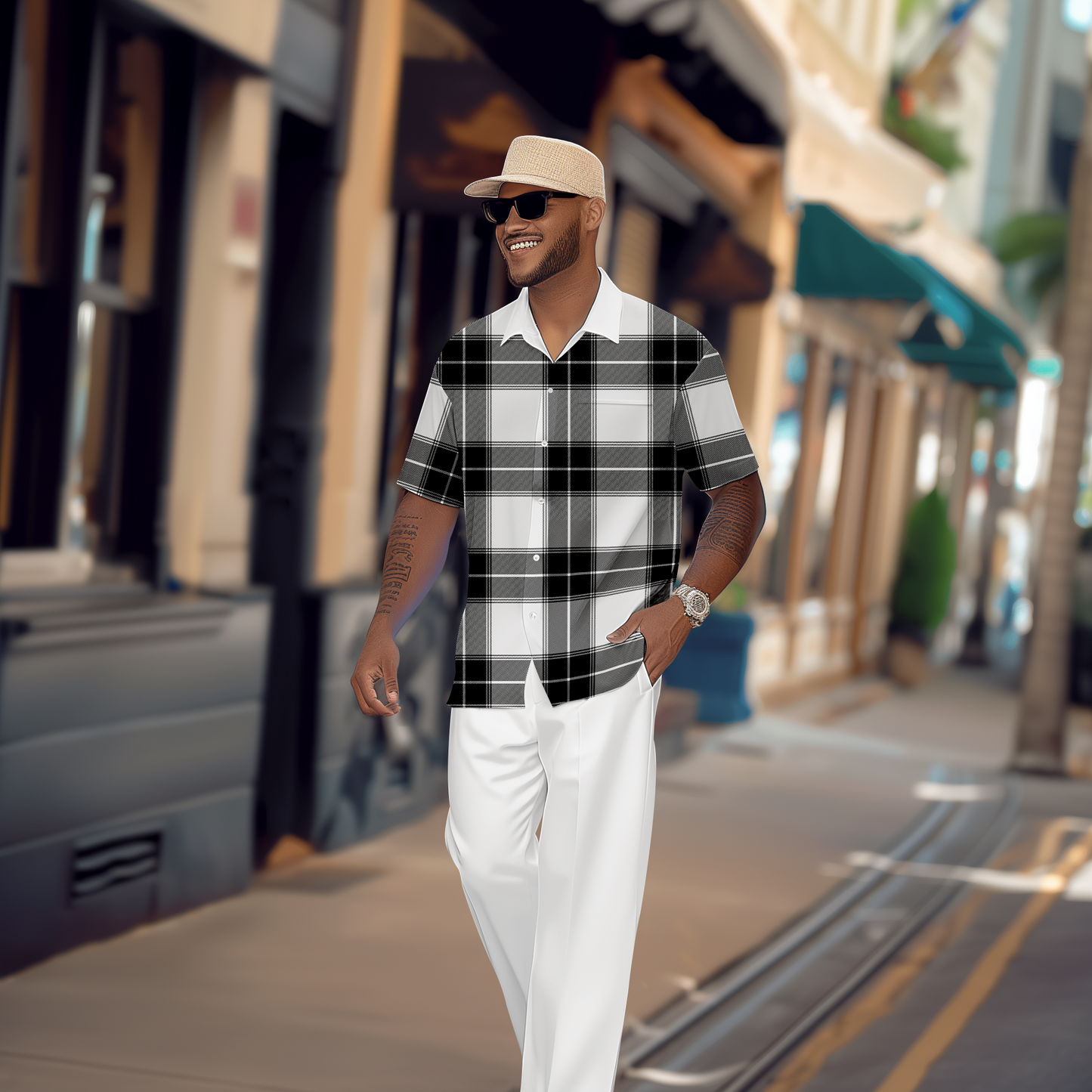 Men's Gorgeous Color Block Short Sleeve Shirt Walking Suit 1175