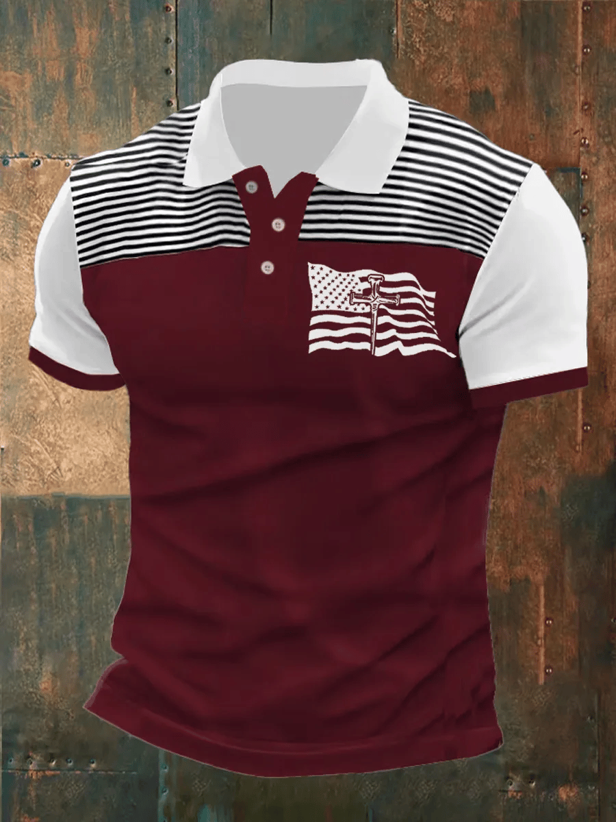 Men'S Retro American Flag Cross Faith Casual Polo
