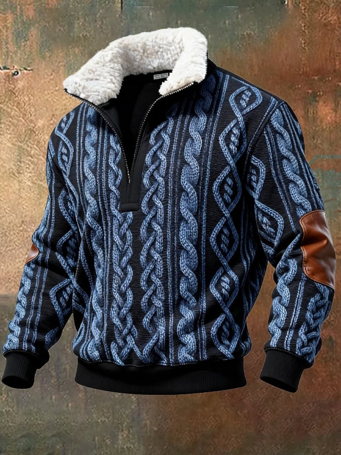Men's Retro Color Block Print Casual Fur Collar Sweatshirt