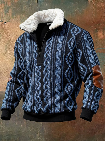 Men's Retro Color Block Print Casual Fur Collar Sweatshirt