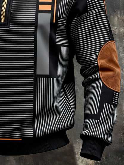 Men's Retro Color Block Print Zipper Sweatshirt
