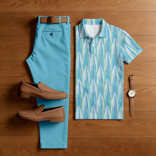 Men's Casual Blue & White Color Matching Geometric Printed Short Sleeved Polo Shirt & Trousers Two-Piece Set