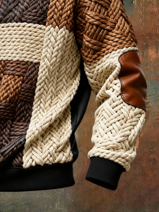Men's Retro Color Block Print Casual Fur Collar Long Sleeve Sweatshirt