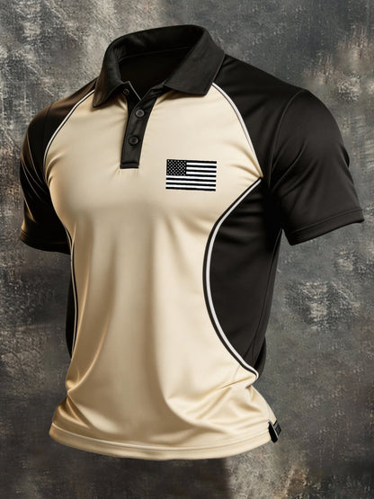 Men's Retro Patriotic Color-Block Short-Sleeve Polo Shirt