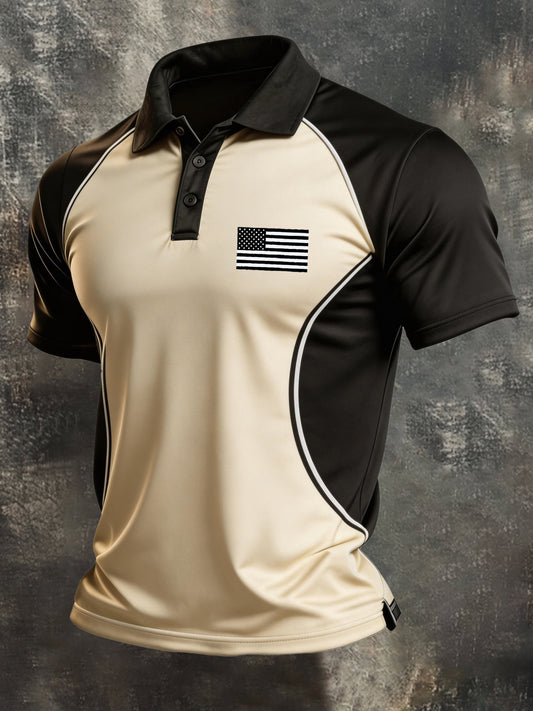 Men's Retro Patriotic Color-Block Short-Sleeve Polo Shirt