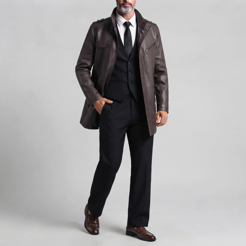 Men's Vintage Stand Collar Slim Fit Zipper Mid-Length PU Leather Jacket