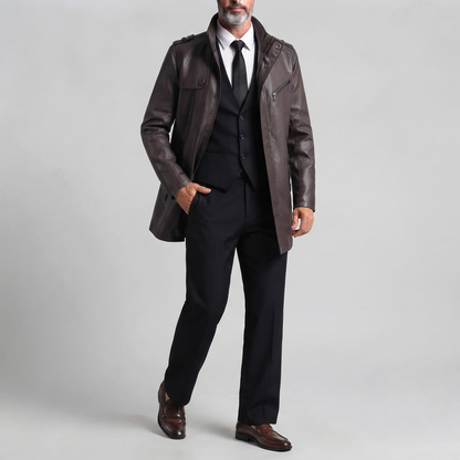 Men's Vintage Stand Collar Slim Fit Zipper Mid-Length PU Leather Jacket