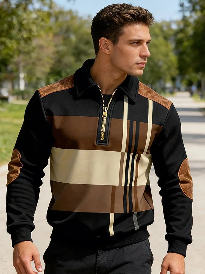 Men's Retro Color Block Print Zipper Sweatshirt