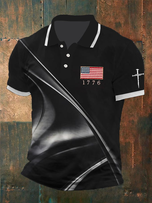 Men's Independence Day Retro Contrast Design Flag Casual Print Polo Shirt